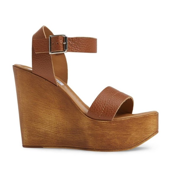 Steve Madden 6.5 / 37 Belma Tan Leather Wood Wedge platform sandal cognac brown - Picture 3 of 15